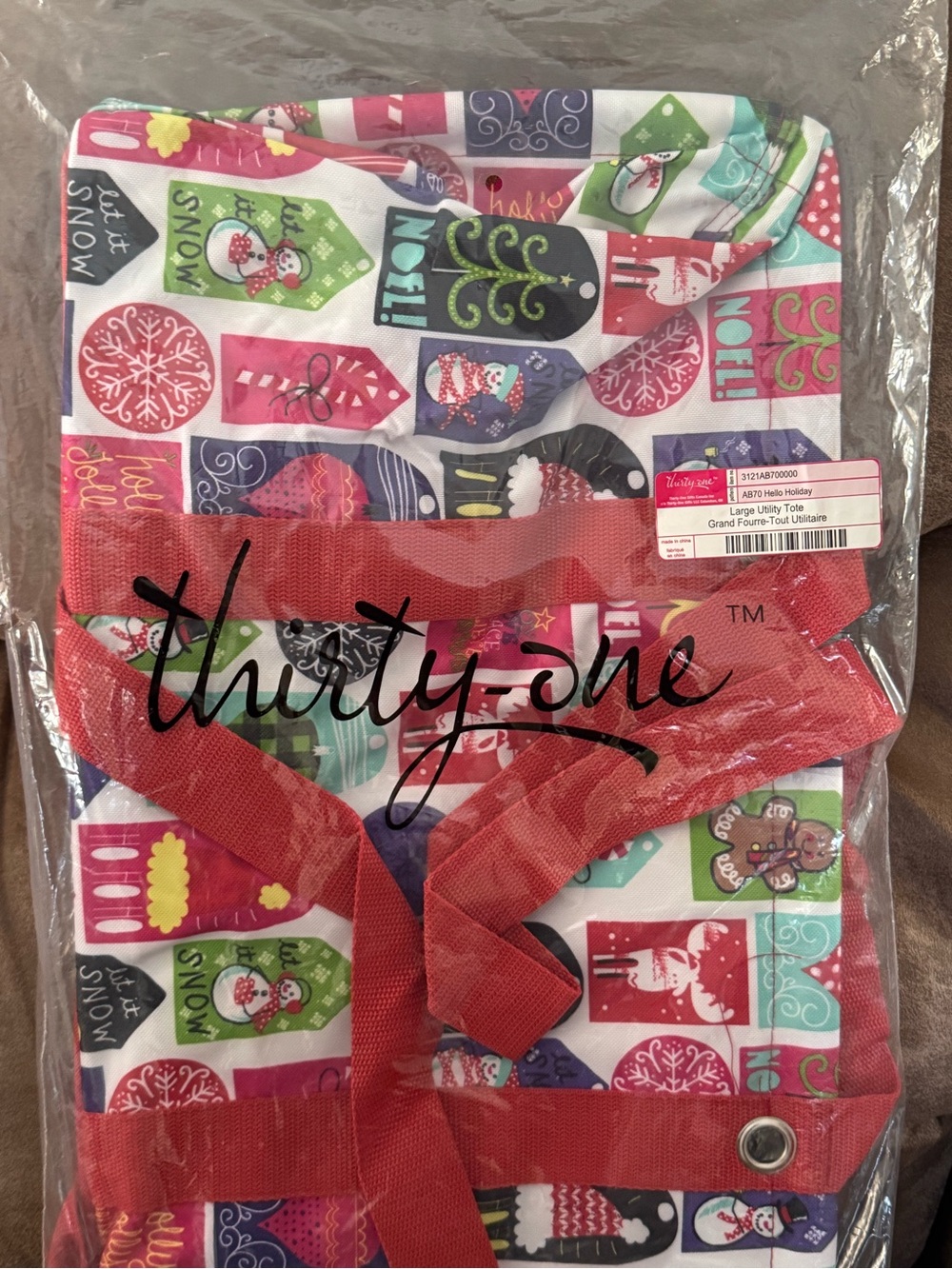NEW Thirty-One Large Utility Tote Bag Hello Holiday Christmas NIP Retired Print - Picture 2 of 3